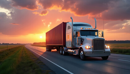 Big rig semi truck drives highway during sunset. Freight shipping, import-export concept. Transport logistic, delivering cargo container. Transportation of goods on long haul route.