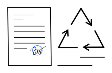 Signed contract or agreement beside a recycling triangle with arrows. Ideal for sustainability, environmental protection, recycling, agreements, eco-friendly practices, paper management, green