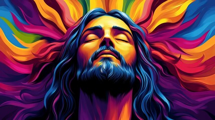 Jesus Christ is depicted with closed eyes in an illustration of vibrant colors creating an ethereal aura.