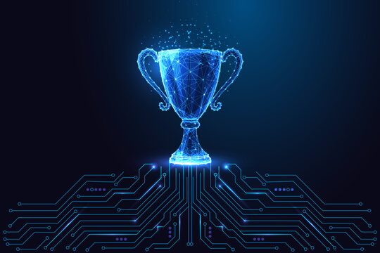 Digital achievement concept with glowing trophy cup and circuit board in low poly style on dark blue