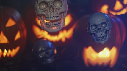 Floating skulls in front of glowing jack‑o'‑lanterns on Halloween night
