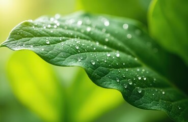 Close-up of green leaf covered in water droplets. Dew drops sparkle in sunlight. Nature beauty, fresh organic concept, hydration of plants. Perfect macro detail, for eco friendly product.