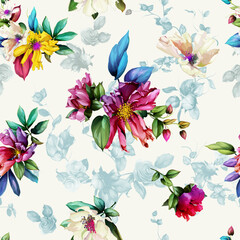 Seamless floral background pattern. Abstract flowers peony, branches with leaves on white. Pattern for textile, fabric and other prints purpose. Hand drawn artwork, vector wallpaper.