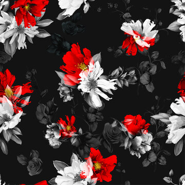 Seamless floral background pattern. Abstract flowers peony, branches with leaves on black. Pattern for textile, fabric and other prints purpose. Hand drawn artwork, vector wallpaper.
