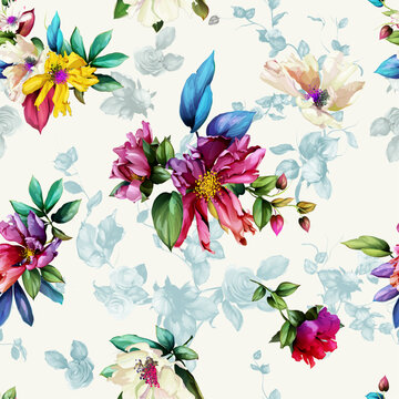 Seamless floral background pattern. Abstract flowers peony, branches with leaves on white. Pattern for textile, fabric and other prints purpose. Hand drawn artwork, vector wallpaper.