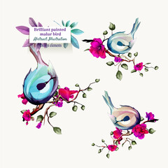 Brilliant painted malur on branches with leaves. Set of birds isolated on white. Hand drawn, watercolor illustration. Design elements. Vector - stock.