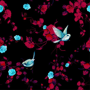 Seamless floral background pattern. Abstract flowers, blue roses, cranberry, malur birds with leaves on black. Pattern for textile, fabric and other prints purpose. Artwork, vector wallpaper.