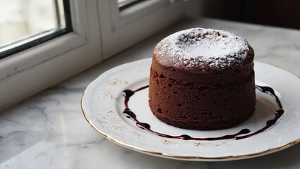 A slice of chocolate cake on a plate in front of a window, decorated with powdered sugar and drizzled with frositing.