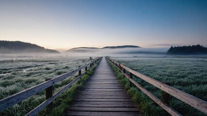 Obraz premium A tranquil misty pathway leading through a serene wooded area at dawn, evoking feelings of calm and solitude.