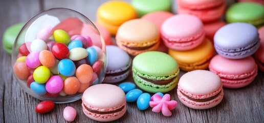 Obraz premium Colorful macarons and candies on wood. Sweet treats background