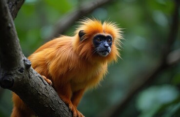 Fototapeta premium Golden lion tamarin monkey, Leontopithecus rosalia. Small primate with orange fur, black face. Endangered species, native to Brazil rainforest. Wildlife portrait, nature background, fauna animal.