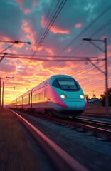 High speed train travels sunset. Electric bullet train vehicle moves fast. Passenger transport on railway track. Train blurred motion speed. Futuristic technology, China express transit.