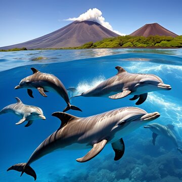 dolphins swim near volcano