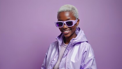 Young black woman in stylish purple sunglasses, jacket smiles at camera against purple background. Trendy, creative studio portrait of African girl, fashionable, modern. Beauty, style, fashion