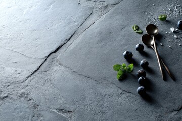 Blueberries, Mint, Spoons, and Sugar on Slate