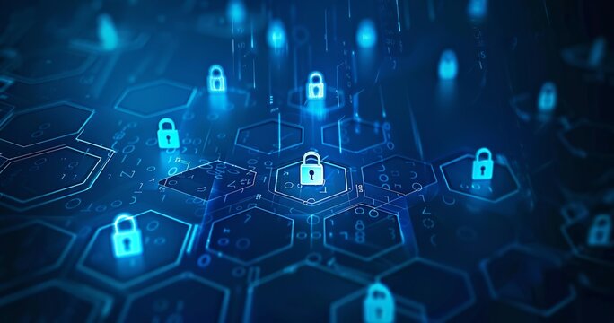 A blue background with hexagons and padlock icons, representing the concept of digital security or