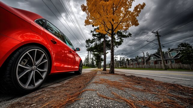 Modern red sports car parked on suburban street with autumn trees and cloudy sky after storm