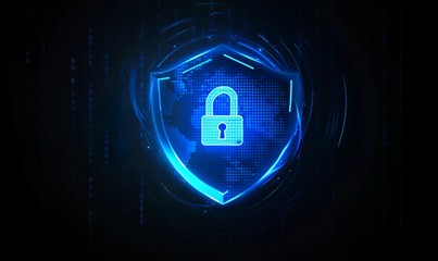 A blue shield with an outline of a lock on it, symbolizing security and protection in the digital