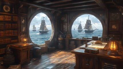Stylized AI-generated pirate ship cabin interior, ideal for fantasy games, storytelling visuals, and historical adventure concepts
