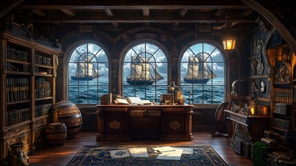 Obraz premium Stylized AI-generated pirate ship cabin interior, ideal for fantasy games, storytelling visuals, and historical adventure concepts 
