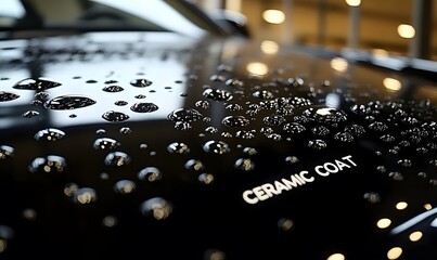 Car hood with water droplets showcasing ceramic coating's hydrophobic effect,


