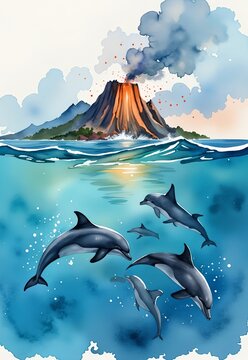 volcano and sea and dolphins
