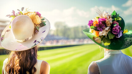 Women in decorative hats at horse racing on a sunny summer day