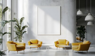 Fototapeta premium Blank poster mockup on modern textured wall in stylish cafe interior. 3D Rendering,