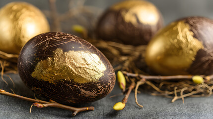 Obraz premium Close-up of decorated eggs, chocolate with gold accents, nestled amongst twigs. Soft focus creates a warm, inviting atmosphere.