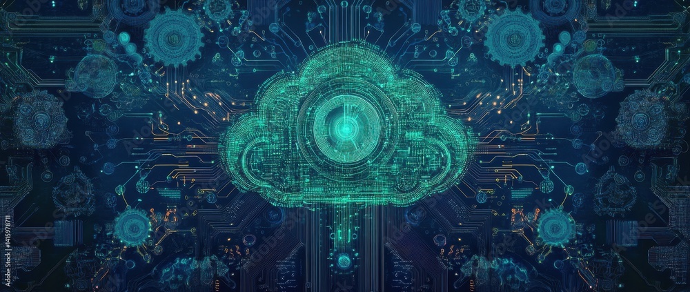 Poster a digital illustration of cloud technology with binary code, gears, and circuit patterns around it o