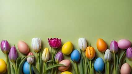 Colorful Easter eggs and tulips arranged on a light green background, framed by a floral border