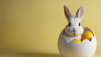 A fluffy white Easter rabbit sits inside a cracked eggshell, looking adorable on a vibrant yellow background