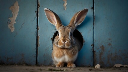 A curious rabbit's head peeks out from a hole in a rustic blue door, framed by a distressed wall on a wooden background