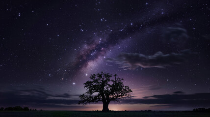 Starry night sky photography with silhouette tree and milky way galaxy landscape background scene image