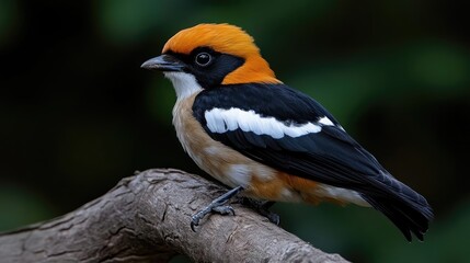 Close-up of a small, colorful bird perched on a branch.  The bird showcases vibrant orange, black, and white plumage