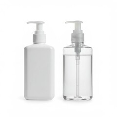 Two bottles containing liquid with pump dispensers side by side isolated on white background