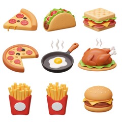Realistic 3D fast food collection on white background