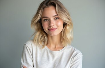 Fototapeta premium Young woman portrait. Natural beauty with blond hairstyle smiling at camera. Close-up of pretty female with perfect skin. Model face beauty, makeup, coiffure. Beauty, spa concept.