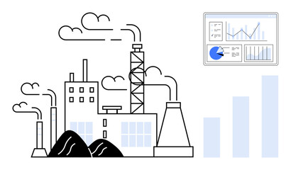 Factory buildings with chimneys emitting smoke, data dashboard showing graphs and charts, stacked bars. Ideal for industry, energy, analytics, management, environment, production simple landing page