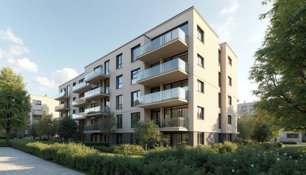 Fototapeta Modern apartment building with landscaping. Low-rise residential complex with modern architecture in Germany. Urban buildings, apartment block. Green plants, gardens, trees, sky. Real estate, housing
