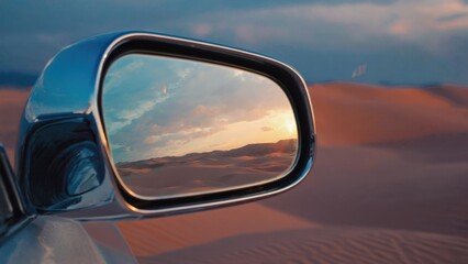 Naklejka premium A car's side view mirror reflecting a stunning desert sunset.