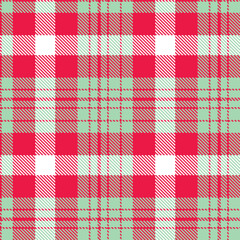 Metallic pinkish red Tartan patterns fabric texture. Traditional Rich hospital green Seamless Tartan
