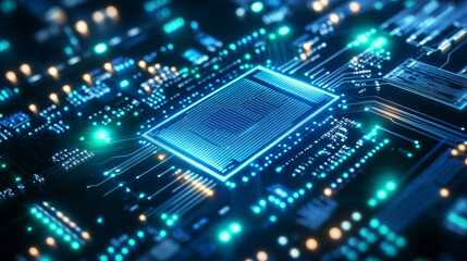 Fototapeta premium Microchip Mounted on Illuminated Neon Circuit Network
