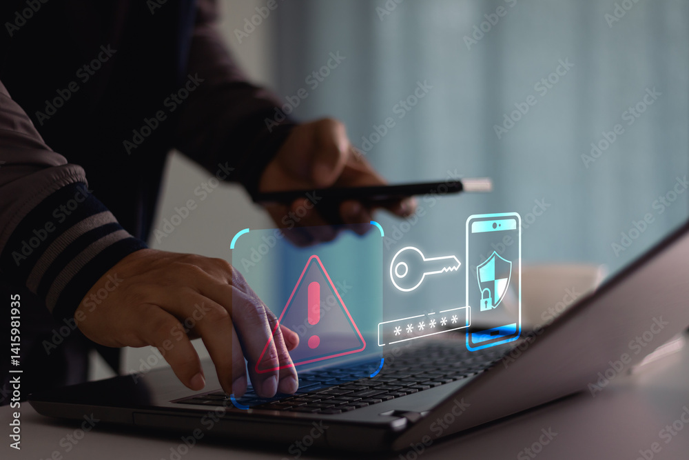 Leinwandbilder cyber crime and cyber security alert warning concept. hand using laptop and smartphone with 2 step v