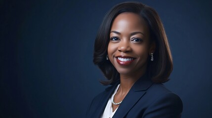 Fototapeta premium Headshot of HR Manager calm authoritative expression dressed formal business attire exuding leadership focus employee engagement seamless navy background add sophistication soft yet strong lighting