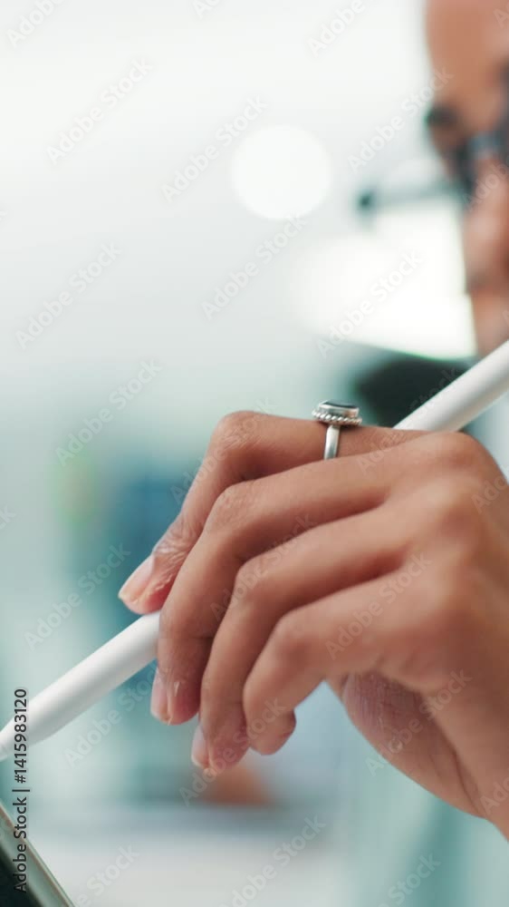 Aufkleber Programming, stylus and hands with tablet, office and coder with app for debugging, testing or web. Business, programmer and person with tech for coding, digital or research for project with software