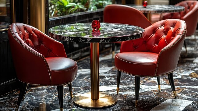 Elegant red chairs and a marble table create a luxurious café setting, perfect for intimate gatherings or upscale dining experiences.