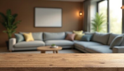 Wooden table foreground against blurred modern living room interior background. Luxury home design, with sofa, pillows. Product display template. Showcase items on wood surface against home interior.