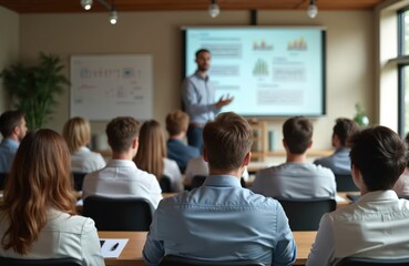 Business seminar with speaker presenting information. Audience attentively listening with focus. Pro setting, corporate event. Information sharing, learning new tech, education, group meeting.