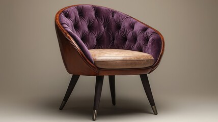 Elegant tufted purple accent chair with wooden legs, showcasing modern design and comfort, perfect for stylish living spaces or interior decor inspiration.